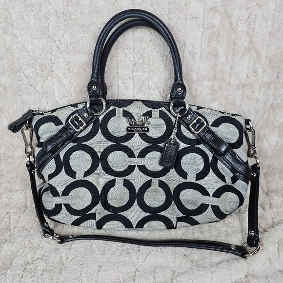 Coach Madison Op Art Shantung Sophia Satchel Black Gray Preppy Convertible - Picture 1 of 7
